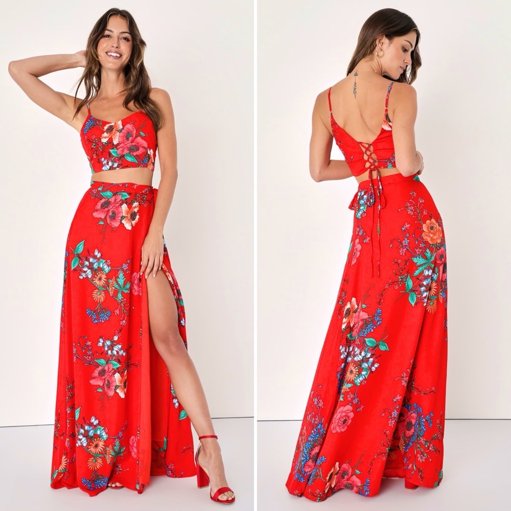 Lulu’s - Bloom With a View Red Floral Print Two-Piece Maxi Dress, size XS.